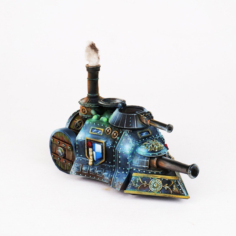 Painted steam tank miniature with blue metal plating