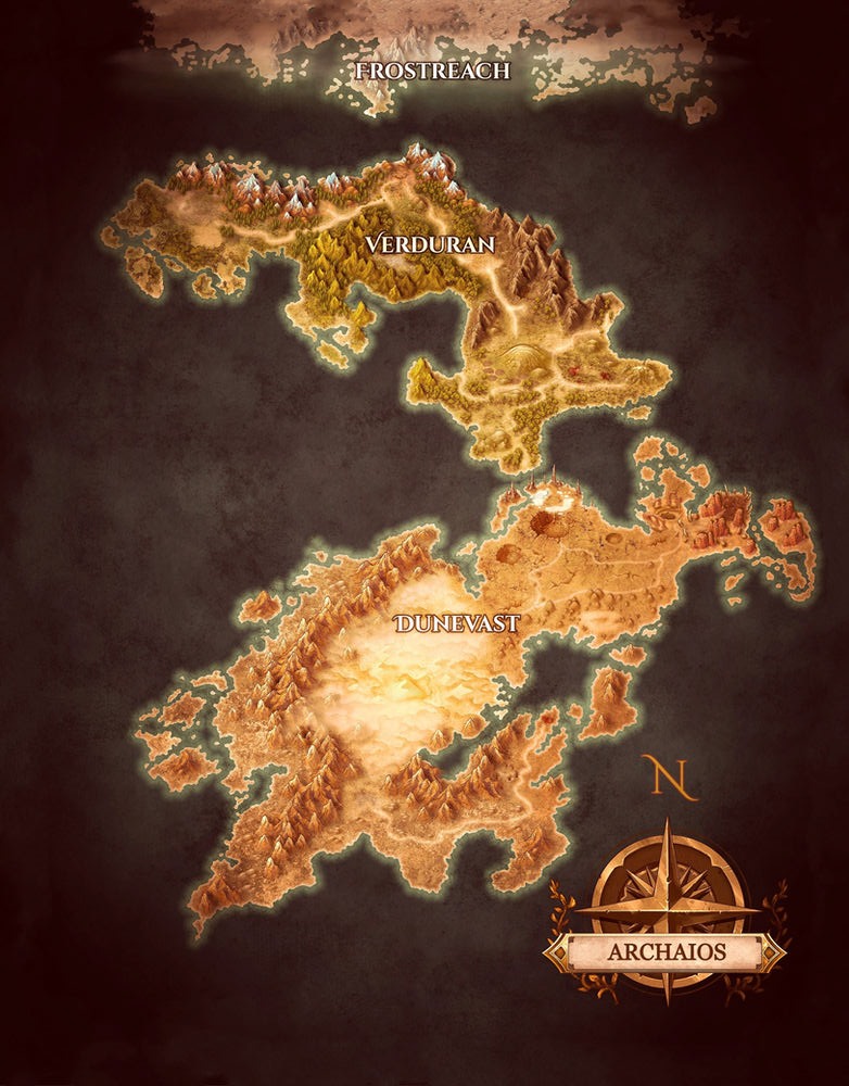 Map of Archaios showing Dunewast, Verduran, and Frostreach